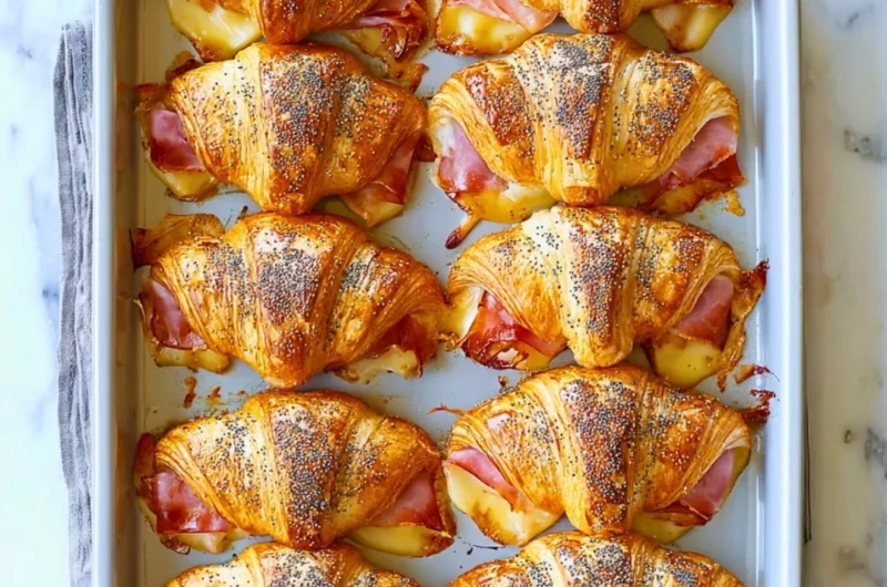 Dijon-honey ham and cheese mini croissant sandwiches on a serving platter