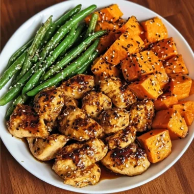 Honey garlic chicken served with roasted sweet potatoes on a plate