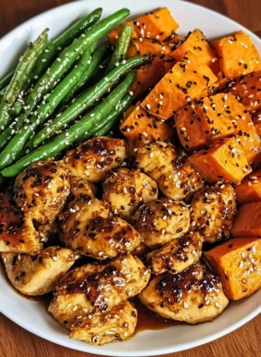 Honey garlic chicken served with roasted sweet potatoes on a plate