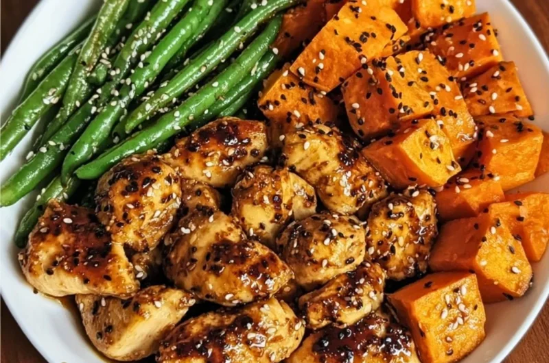 Honey garlic chicken served with roasted sweet potatoes on a plate
