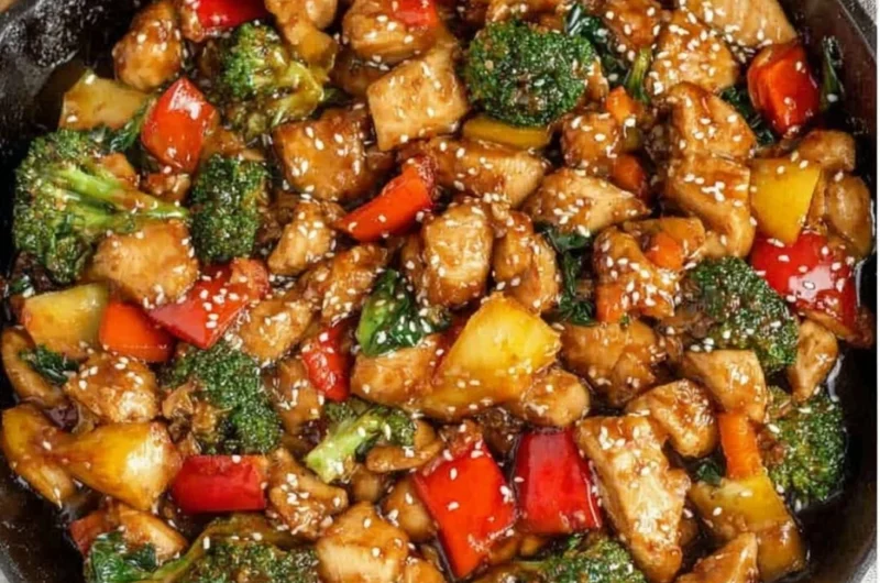 A colorful easy chicken stir fry with vegetables on a plate.