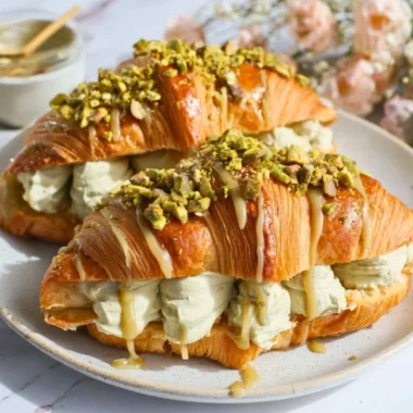 Freshly baked easy pistachio croissants on a wooden table