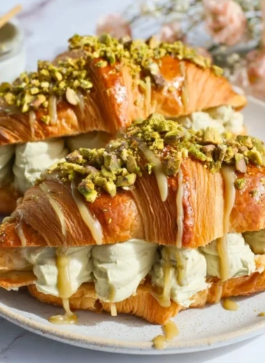 Freshly baked easy pistachio croissants on a wooden table