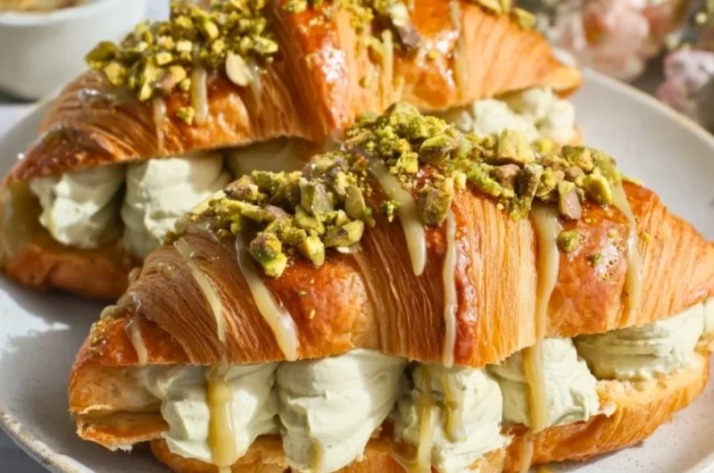 Freshly baked easy pistachio croissants on a wooden table