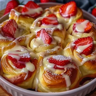 Easy strawberry cheesecake sweet rolls with fresh strawberry topping