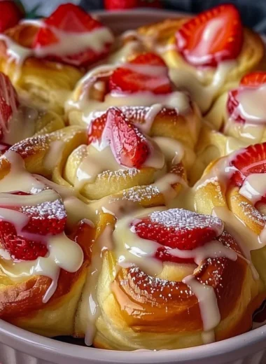 Easy strawberry cheesecake sweet rolls with fresh strawberry topping