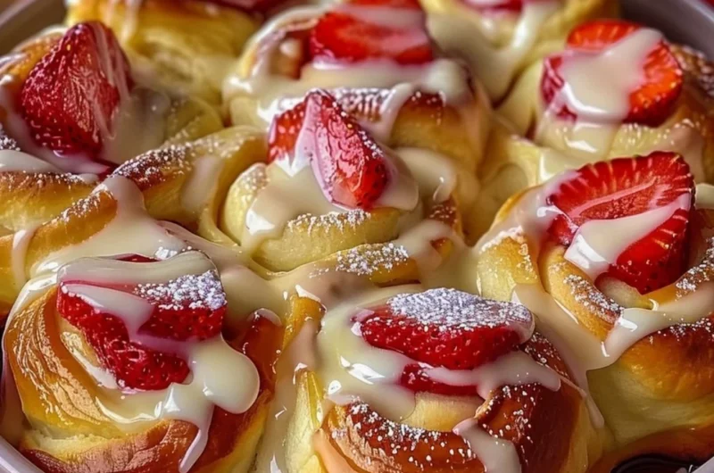 Easy strawberry cheesecake sweet rolls with fresh strawberry topping