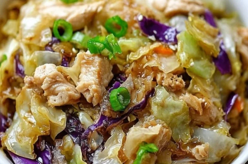 Delicious egg roll bowls featuring chicken, cabbage, and vibrant toppings.