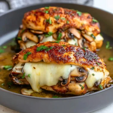 Flavorful mushroom stuffed chicken breast recipe with herbs and spices.