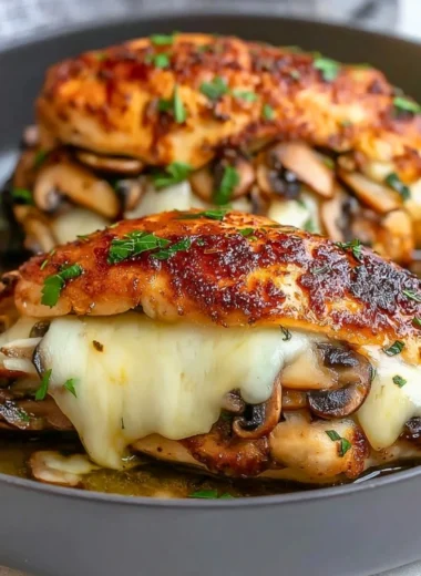 Flavorful mushroom stuffed chicken breast recipe with herbs and spices.