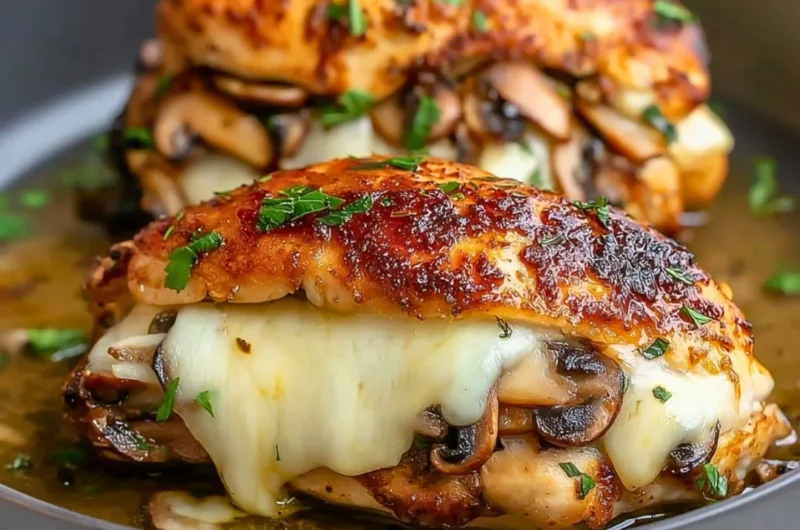 Flavorful mushroom stuffed chicken breast recipe with herbs and spices.