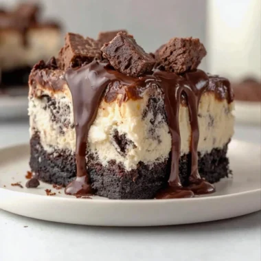 Delicious frozen brownie ice cream cake with layers of brownies and ice cream