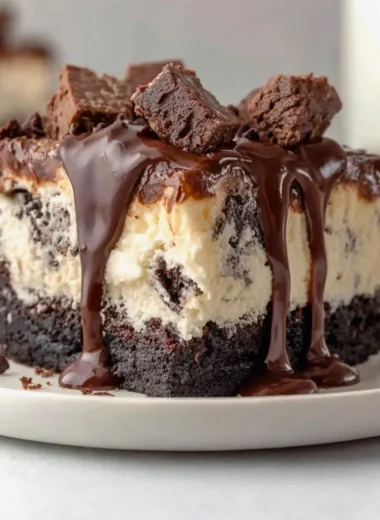 Delicious frozen brownie ice cream cake with layers of brownies and ice cream
