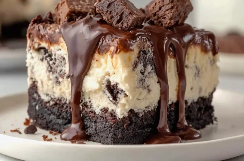 Delicious frozen brownie ice cream cake with layers of brownies and ice cream