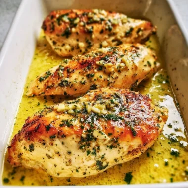 Garlic butter baked chicken breast served with herbs