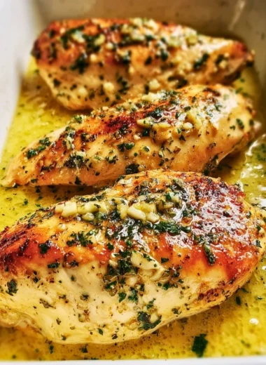 Garlic butter baked chicken breast served with herbs