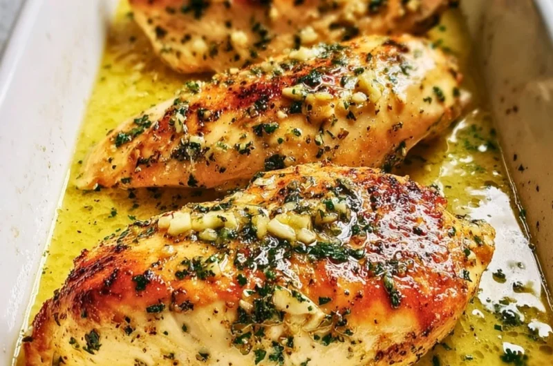 Garlic butter baked chicken breast served with herbs