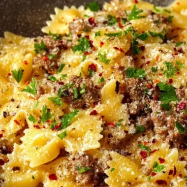 Plate of garlic butter bowtie pasta with ground beef garnished with parsley