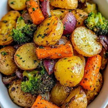 Plate of Garlic Herb Roasted Potatoes and mixed vegetables garnished with herbs