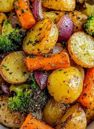 Plate of Garlic Herb Roasted Potatoes and mixed vegetables garnished with herbs