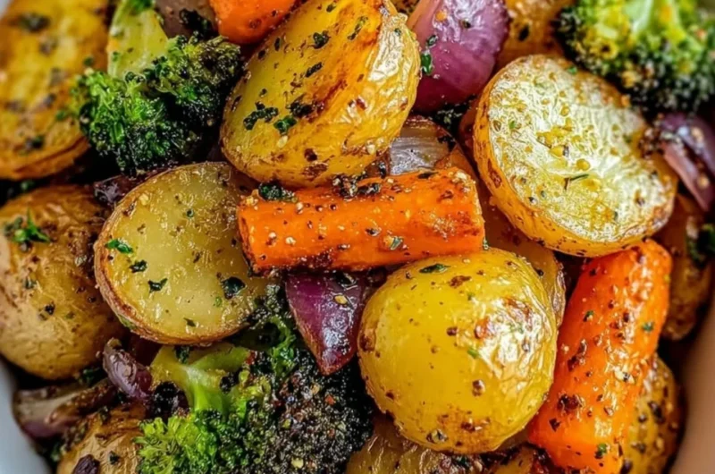 Plate of Garlic Herb Roasted Potatoes and mixed vegetables garnished with herbs