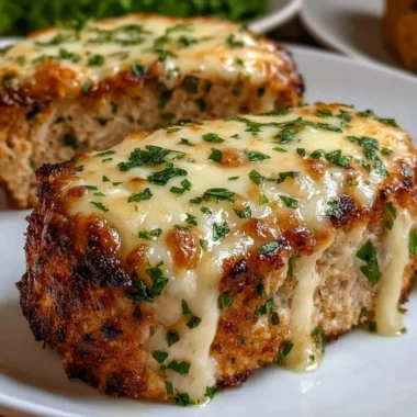 Garlic Parmesan Chicken Meatloaf garnished with herbs and served on a plate