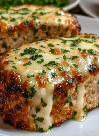 Garlic Parmesan Chicken Meatloaf garnished with herbs and served on a plate