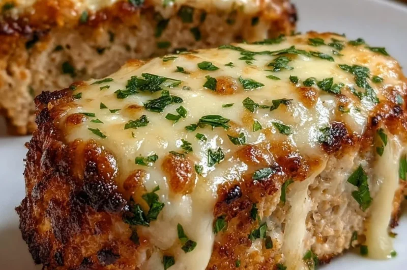 Garlic Parmesan Chicken Meatloaf garnished with herbs and served on a plate