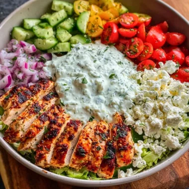 Delicious Greek Chicken Bowl with fresh vegetables and tzatziki sauce