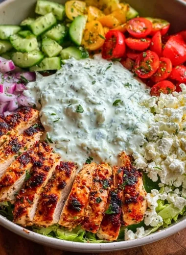 Delicious Greek Chicken Bowl with fresh vegetables and tzatziki sauce