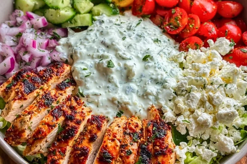 Delicious Greek Chicken Bowl with fresh vegetables and tzatziki sauce