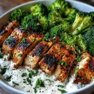 Grilled chicken and broccoli served in a bowl with creamy garlic sauce