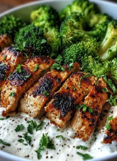 Grilled chicken and broccoli served in a bowl with creamy garlic sauce