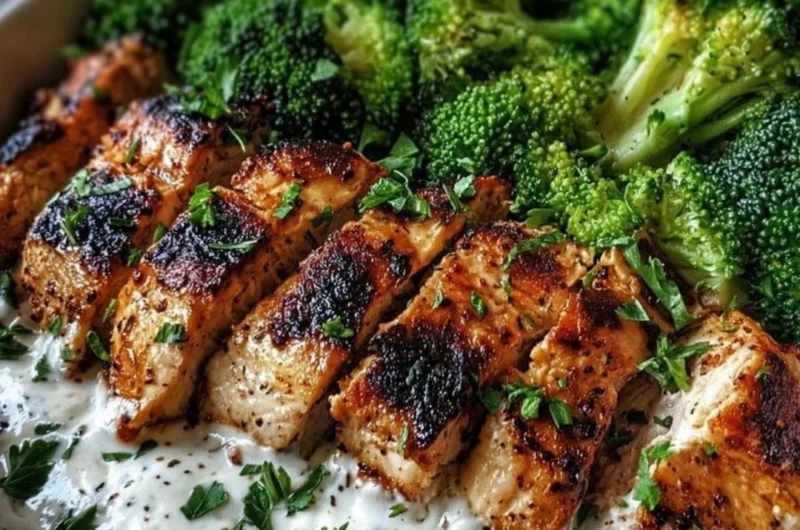 Grilled chicken and broccoli served in a bowl with creamy garlic sauce