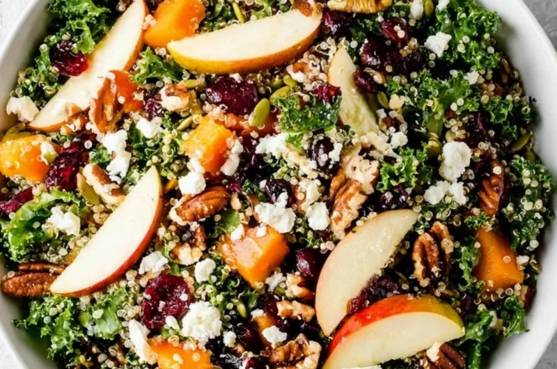 Colorful healthy fall salad with seasonal ingredients like apples, nuts, and greens