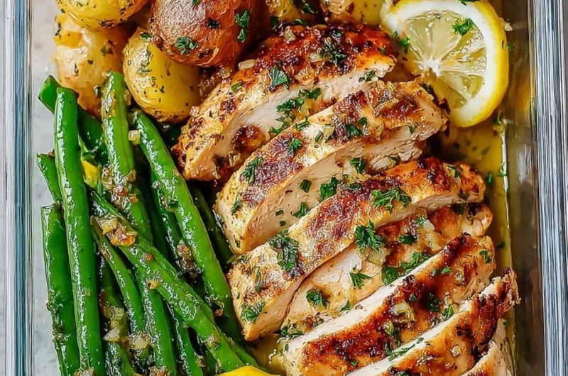 Healthy lemon garlic chicken meal prep bowls with vegetables