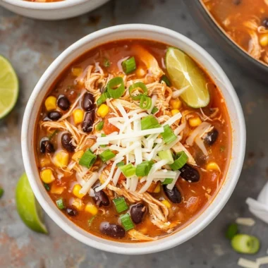 High protein chicken taco soup served in a bowl with toppings