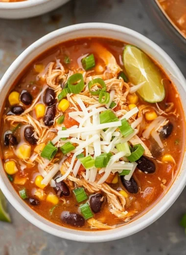 High protein chicken taco soup served in a bowl with toppings