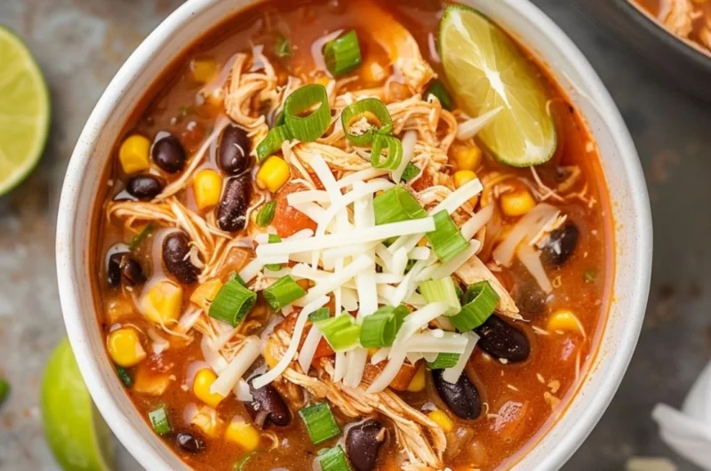 High protein chicken taco soup served in a bowl with toppings