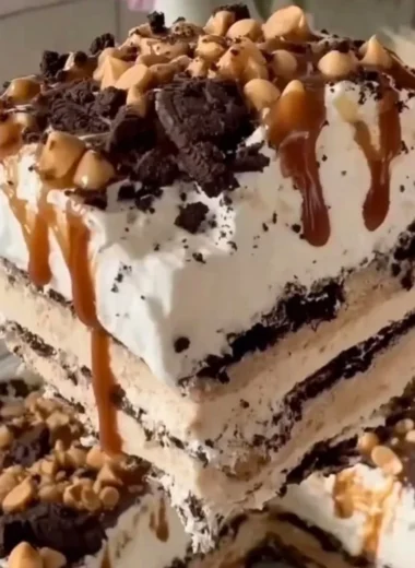 Delicious homemade ice cream cake layered with chocolate and vanilla ice cream.
