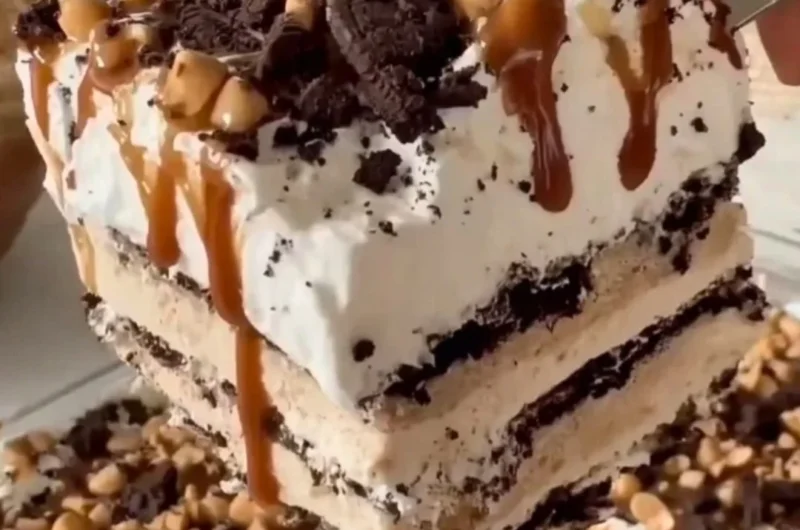 Delicious homemade ice cream cake layered with chocolate and vanilla ice cream.