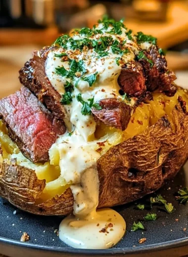 Delicious loaded steak potatoes finished with a creamy sauce.