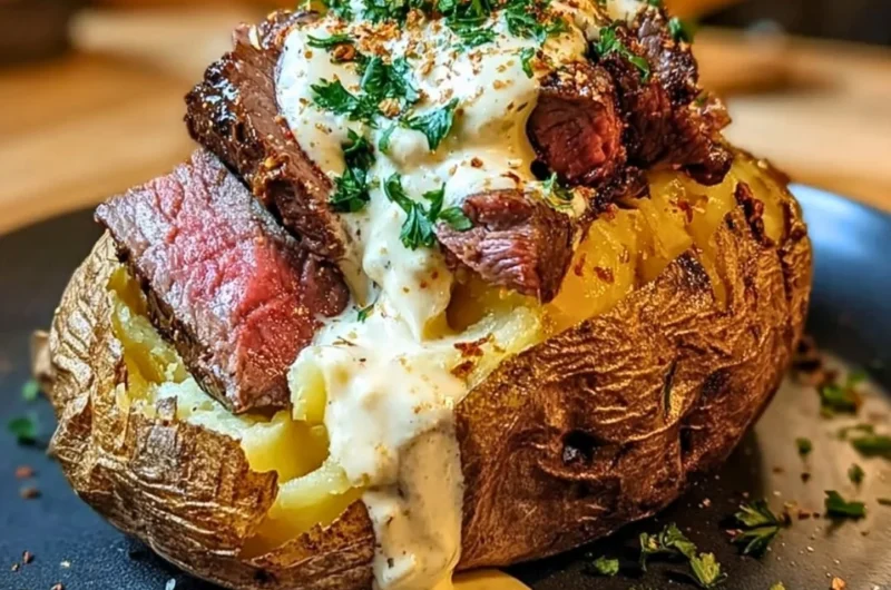 Delicious loaded steak potatoes finished with a creamy sauce.
