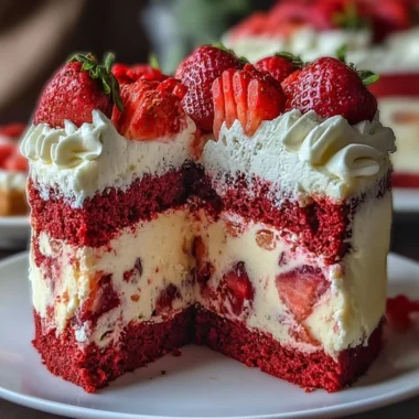 Delicious Strawberry Earthquake Cake topped with strawberries and cream