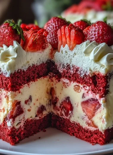 Delicious Strawberry Earthquake Cake topped with strawberries and cream