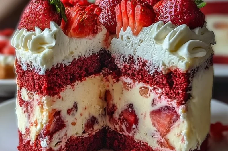Delicious Strawberry Earthquake Cake topped with strawberries and cream