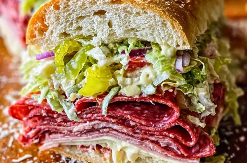 Italian Grinder Salad Sandwich with fresh vegetables and meats on a sub roll