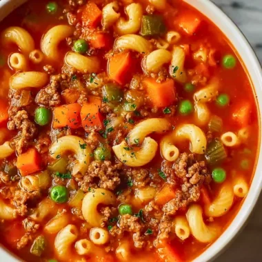 Bowl of Italian Ground Beef Pasta Soup with fresh herbs and vegetables