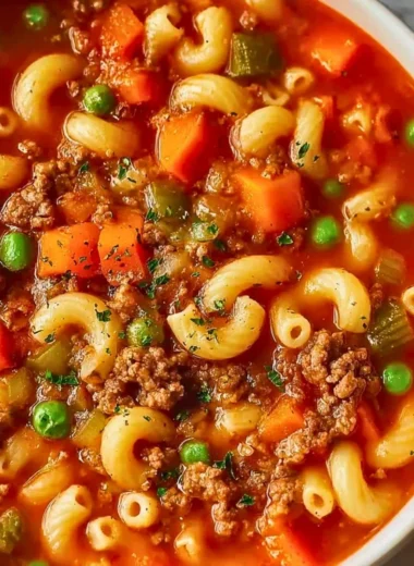 Bowl of Italian Ground Beef Pasta Soup with fresh herbs and vegetables
