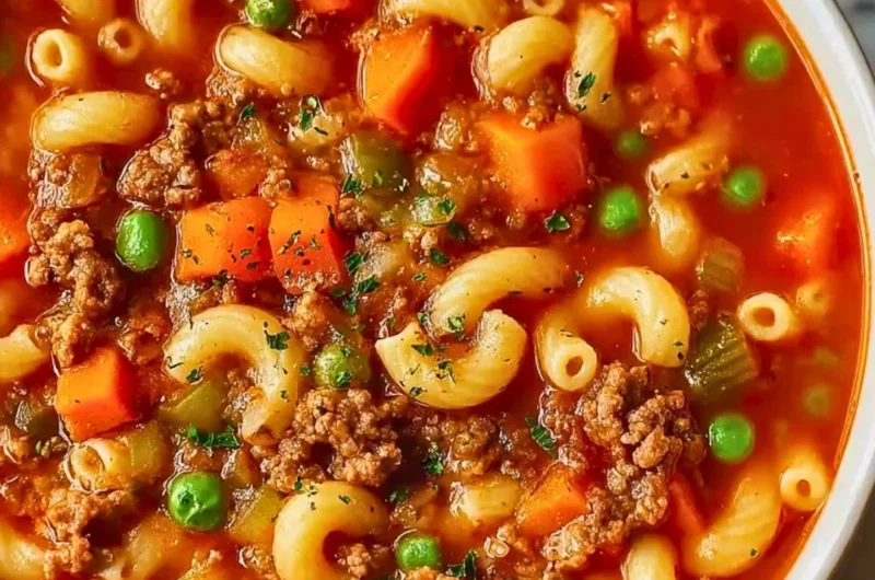 Bowl of Italian Ground Beef Pasta Soup with fresh herbs and vegetables